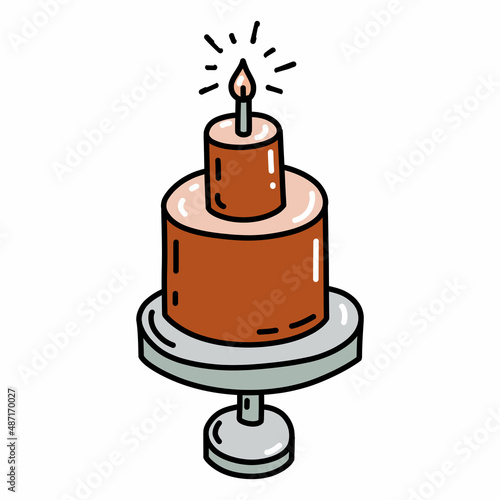 Festive birthday cake with a candle. Hand drawn vector illustration in doodle style. Isolated element on a transparent background