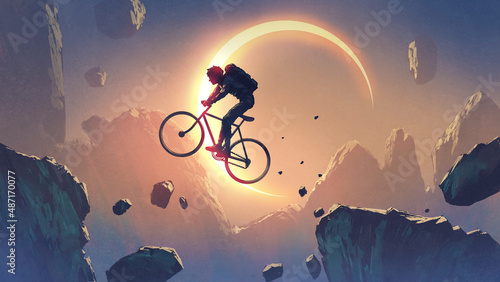 A cyclist crossing a cliff against the sky with solar eclipse, digital art style, illustration painting