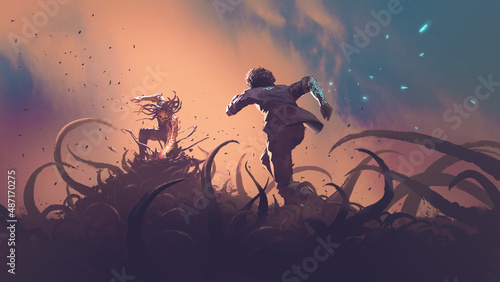 The fight scene between the hero and the villain, digital art style, illustration painting