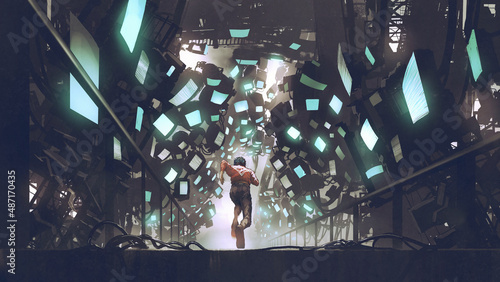 Photos Cyberpunk concept showing a man running along a futuristic path full of monitors
