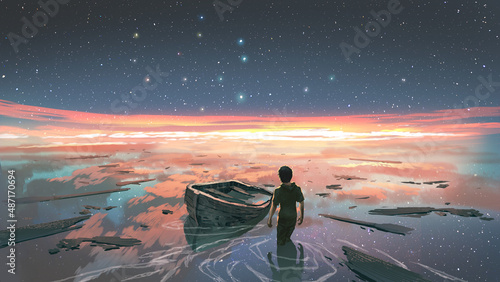 A man standing in a river with his shipwreck against the background of the sky upside down, digital art style, illustration painting

