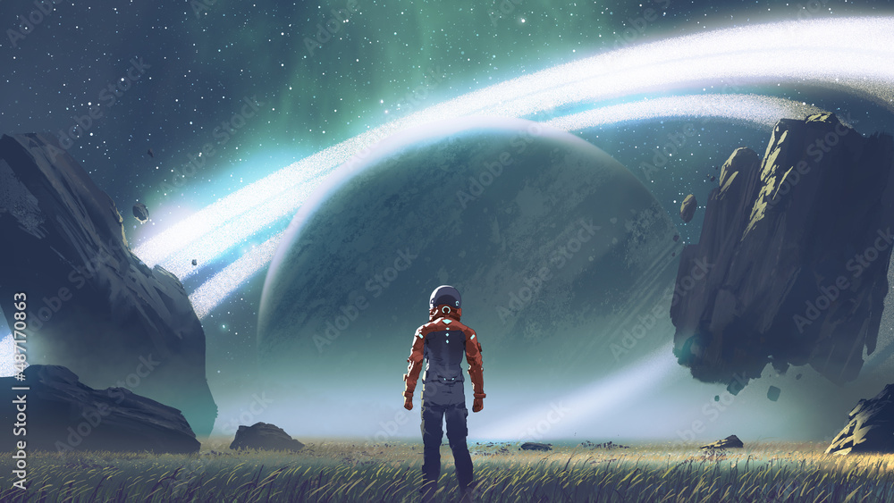 Sci-fi scene showing futuristic man standing in a field looking at the planet with giant rings, digital art style, illustration painting
 - obrazy, fototapety, plakaty 