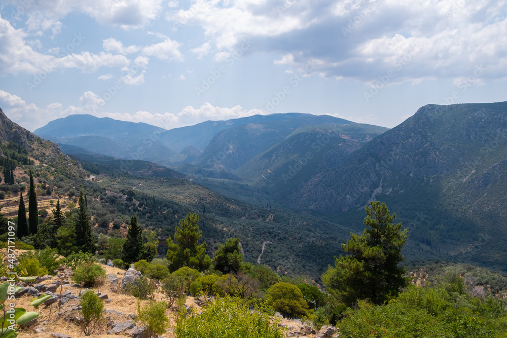 Cloudy sky, landscape in the mountains of Greece, archaeological site of Delphi