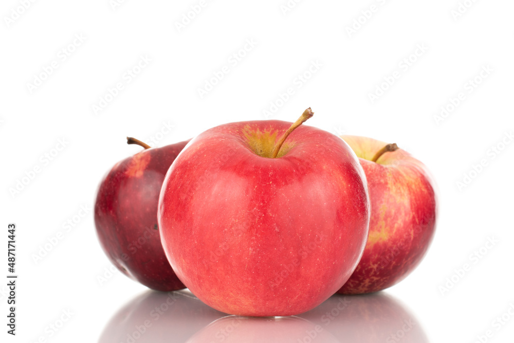 Three ripe red apples, macro, isolated on white background.