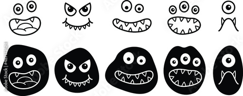 Monster Faces Clipart Set - Outline and Silhouette