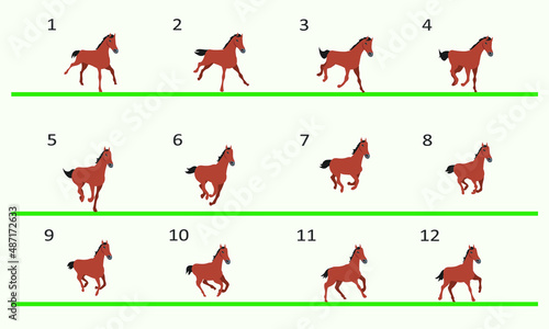 Horse running animation. Twelve key positions of horse running. Three-quarter view. Vector illustration isolated on white background.