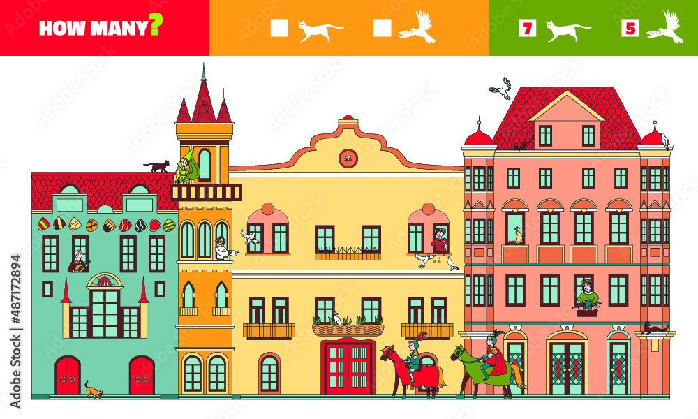 Watching game: find the image in the picture (bird, cat). The medieval city. Street with cute houses.