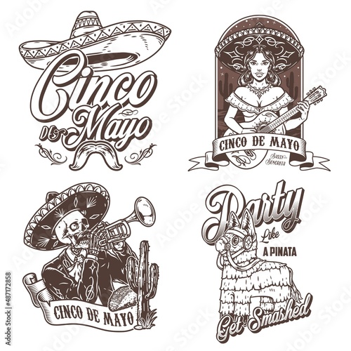 Monochrome emblems set for Cinco de Mayo