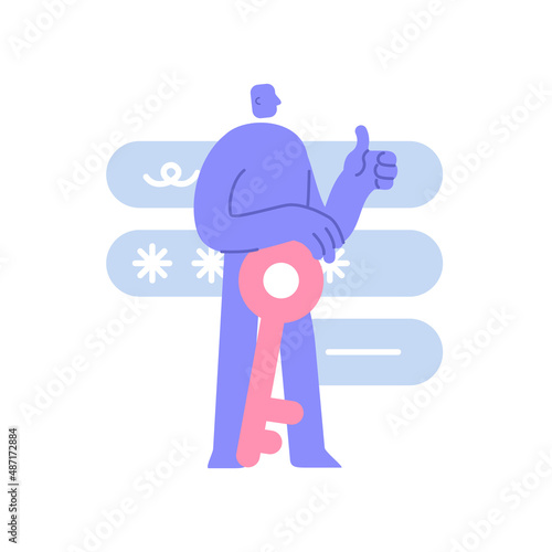 Flat modern character stands next to a large key and informs with a thumb up that the password is strong. Business Concept illustration with man taking part in business activities