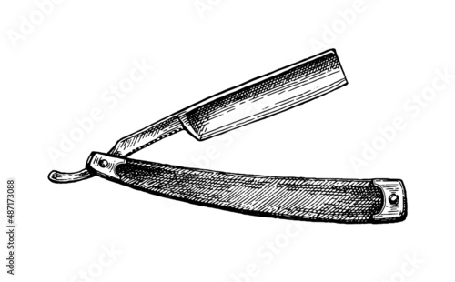 Folding straight razor ink sketch. photo
