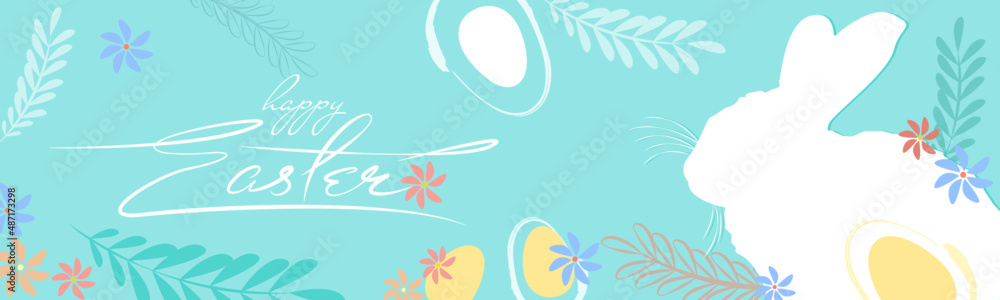 Blue easter banner with bunny and eggs