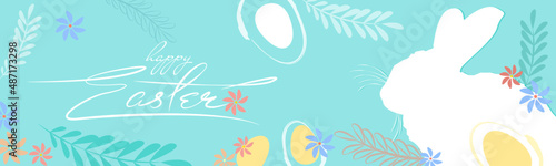 Blue easter banner with bunny and eggs