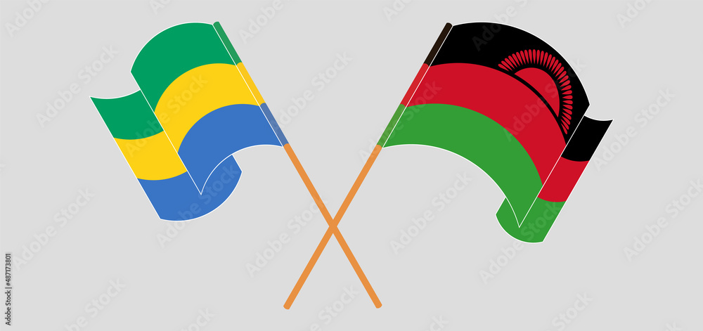 Crossed and waving flags of Gabon and Malawi Crossed and waving flags of Gabon and Malawi