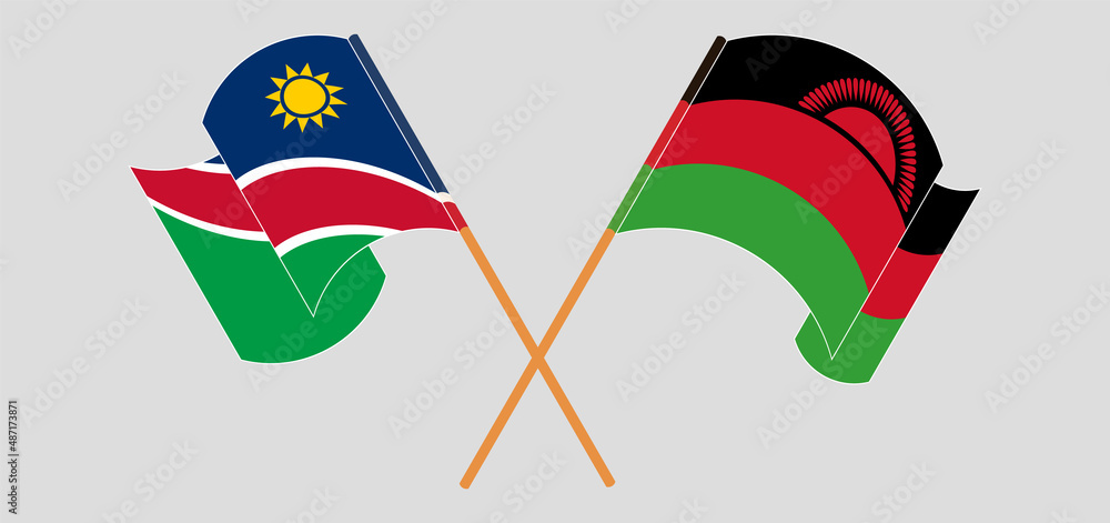 Crossed and waving flags of Namibia and Malawi Crossed and waving flags of Namibia and Malawi