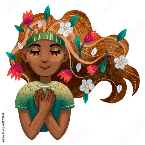 illustration of a dark-skinned girl spring on March 8 with flowers in dark hair