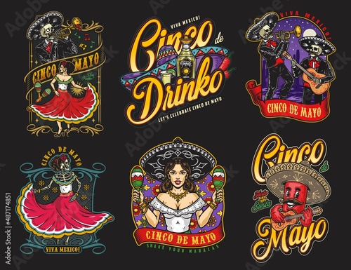 Colorful Mexican vintage emblems collection