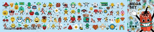 Photo Mega set retro cartoon stickers with funny comic characters, gloved hands