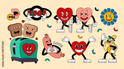 Retro cartoon stickers with funny comic characters, gloved hands. Contemporary illustration of comic hearts, sausage, toaster, banana, flower, kiss lips, toasts, hugs, love