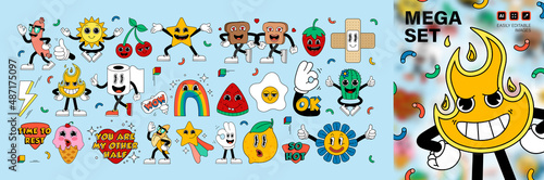 Mega set retro cartoon stickers with funny comic characters, gloved hands. Contemporary illustration with cute comic book characters. Hand drawn doodle comic characters. Contemporary cartoon style set