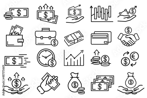 Set of financial things flat icons. Pictograms for web. Line stroke. Finance and economy isolated on white background. Vector eps10