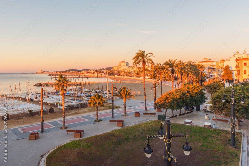 High Angle View on Sitges, Barcelona Province, Catalonia, Spain around sunrise