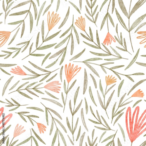 Watercolor seamless pattern with bright red flowers and leaves on white background © artforwarm