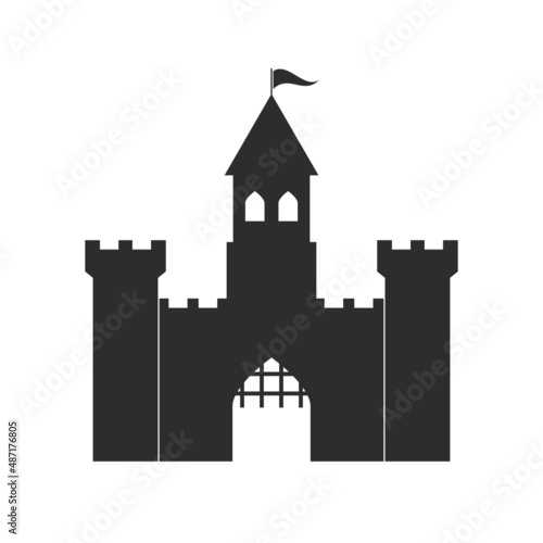 Medieval castle with watchtowers and lifting gate. Feudal fortress, feudalism. Fairytale castle. Flat vector illustration isolated on white background.