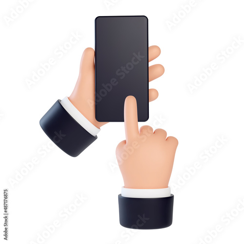 High quality 3D business hands gestures. One hand holds a smartphone and the other taps on the touch screen. Friendly funny cartoon style isolated on white background.