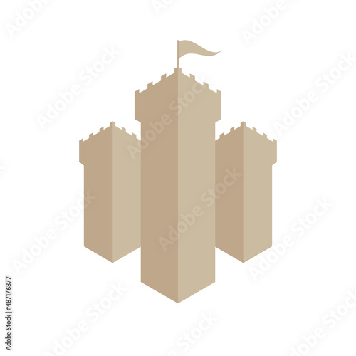 Three watchtowers with a pennant. Medieval castle. Flat vector illustration isolated on white background.