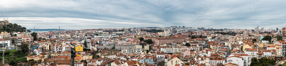 Lisbon, Portugal - 12 27 2018: Extra large panoramic view of the city skyline taken from the Miradouro do Recolhimento