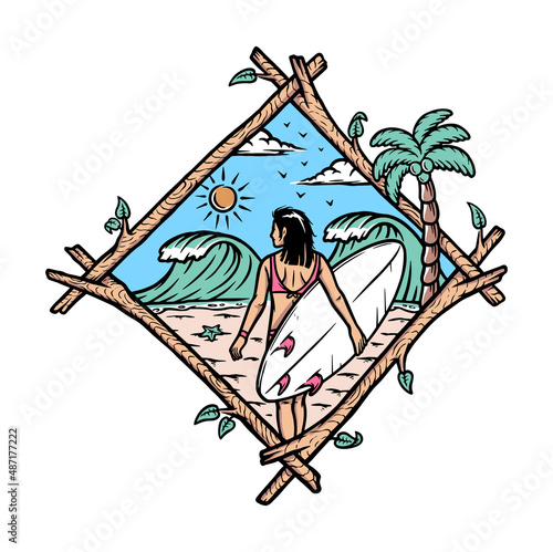 beautiful surfer woman on the beach illustration