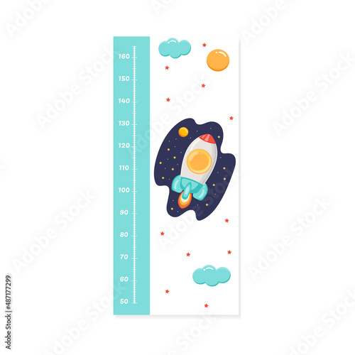 Children's height meter with a ruler in centimeters with a cartoon rocket in space.