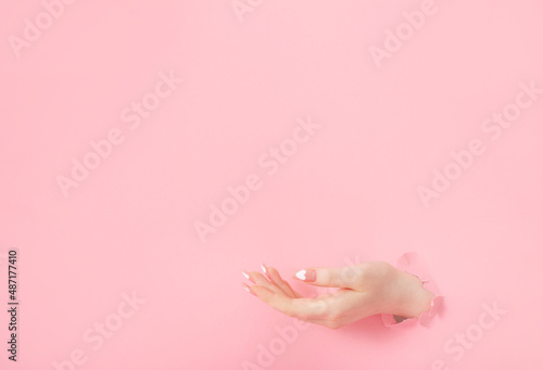 female hands with beautiful long nails with manicure on pink paper background