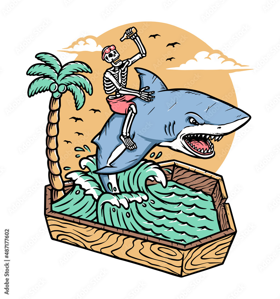 skull riding a shark in the dead sea illustration