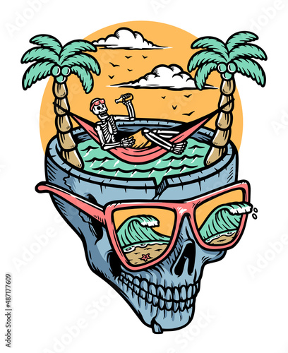 skull relaxing on the beach illustration