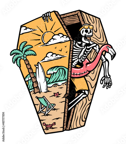 skull to the beach in a coffin illustration