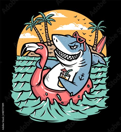 the shark is relaxing on the beach illustration