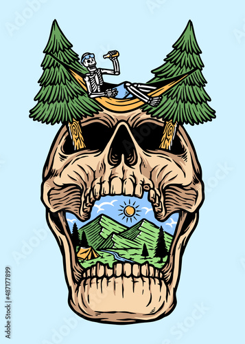 the skull is relaxing on the mountain illustration