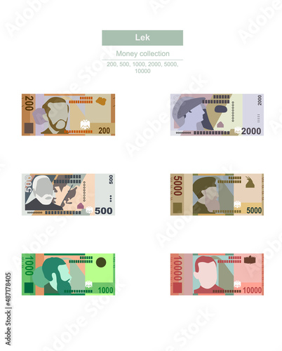 Albanian Lek Vector Illustration. Albania money set bundle banknotes. Paper money 200, 500, 1000, 2000, 5000, 10000 ALL. Flat style. Isolated on white background. Simple minimal design.