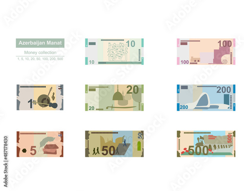 Azerbaijan Manat Vector Illustration. Azerbaijani money set bundle banknotes. Paper money 1, 5, 10, 20, 50, 100, 200, 500 AZN. Flat style. Isolated on white background. Simple minimal design.