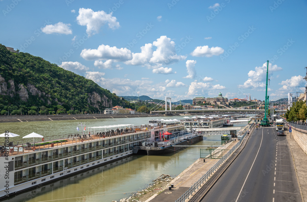 The pleasure boats on Danube river in Budapest, Hungary