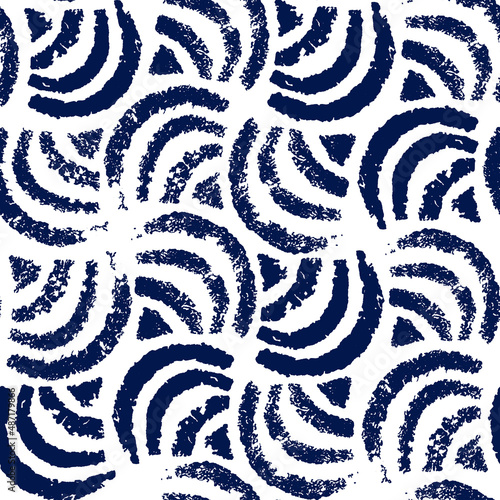 Blue seamless pattern in japanese style. Traditional vector art background. Hand drawn stamp geometric ornament