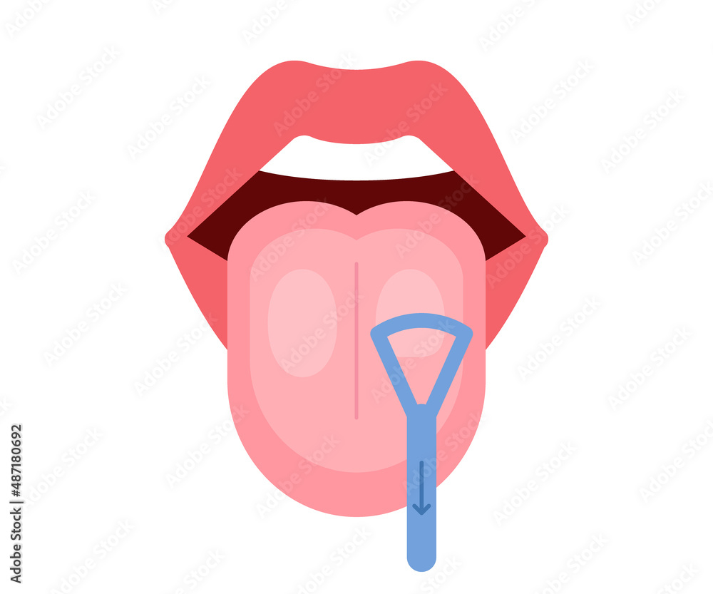 Clean tongue throat cleaner scraper in mouth. Tongue cleaning