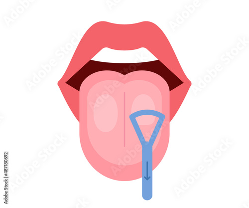 Clean tongue throat cleaner scraper in mouth. Tongue cleaning. Halitosis prevention. Vector illustration