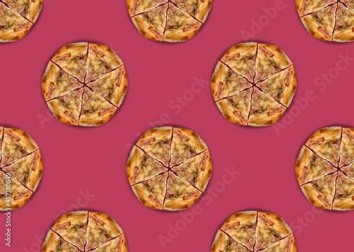 Pizza on a pink background. Seamless pattern with cut pizza with bacon.