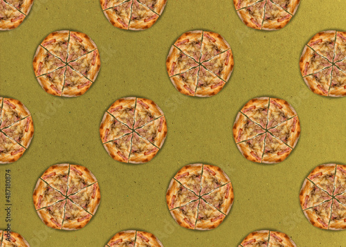 Pizza on a yellow background. Seamless pattern with cut pizza with bacon.