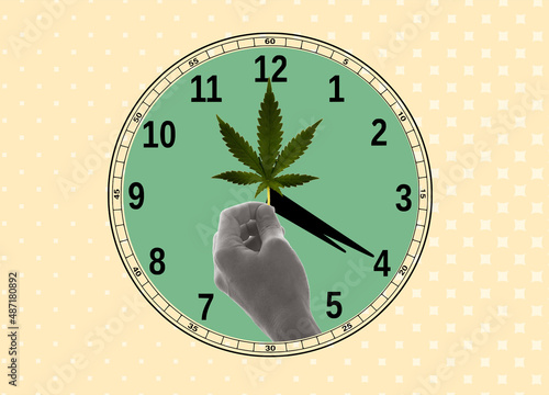 4: 20. The concept of the Cannabis culture.Four-twenty culture. Hand holds Watch with a cannabis. Digital collage modern art