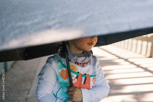 Child holding an umbrella for sun protection