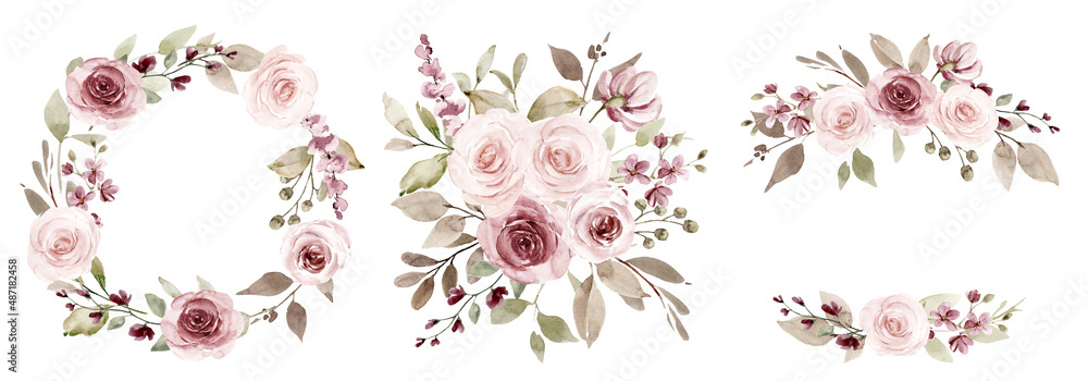 Wreaths, floral frames, watercolor flowers pink roses, Illustration hand painted. Isolated on white background. Perfectly for greeting card design.