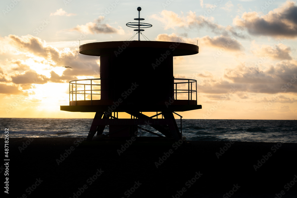 Silhouette of a lifeguard stand on Miami south beach
